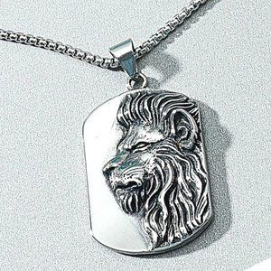 Lion Head Dog Tag Necklace Silver Tone
